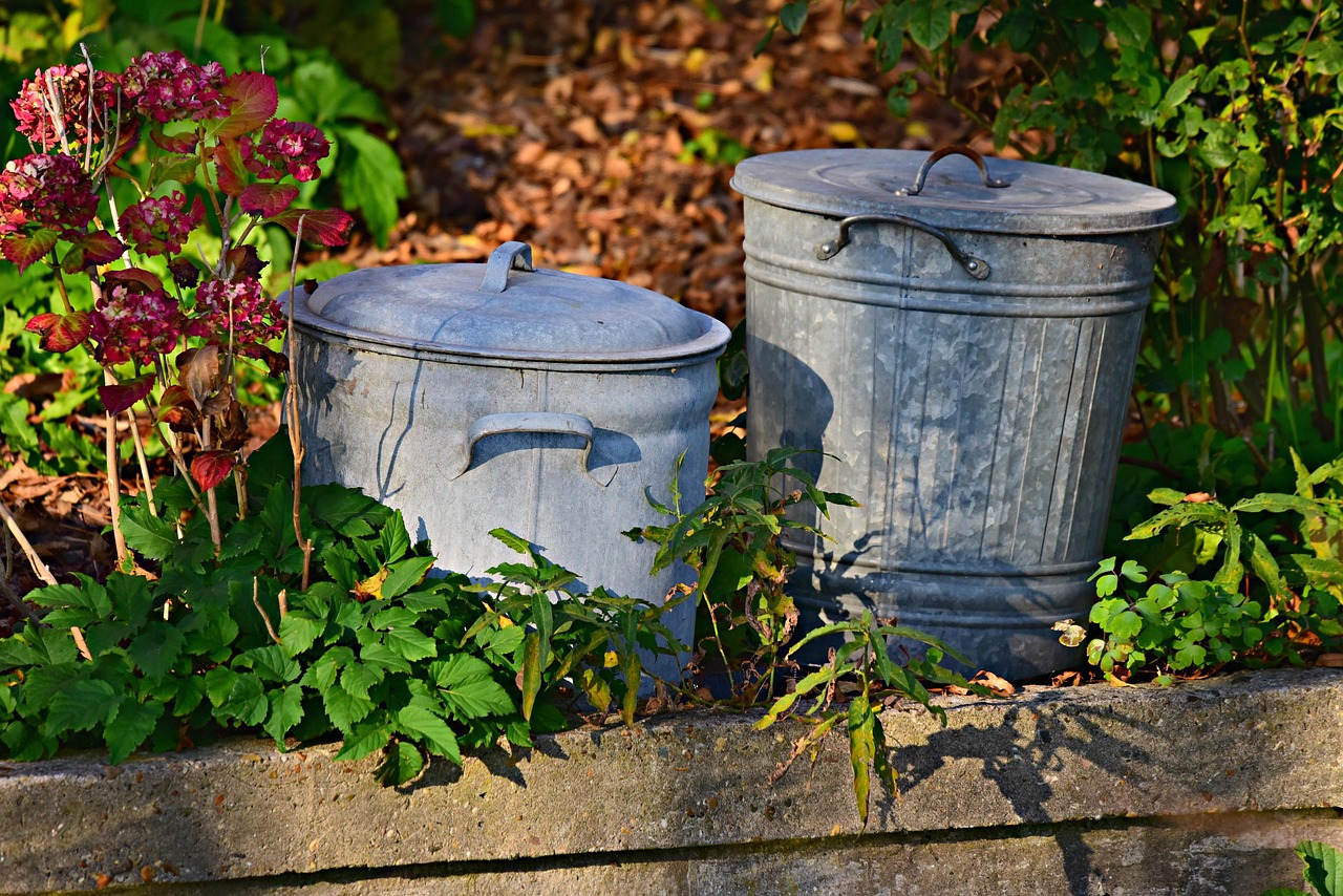 Immagine di un compost bin in un giardino urbano con avanzi di cucina e piante verdi circostanti.